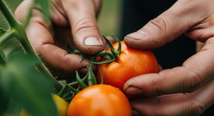 Close-up of hands picking ripe tomatoes from vine in a garden