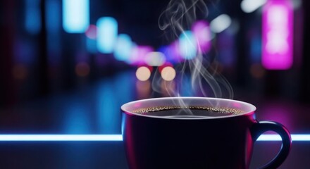 Steaming Dark Coffee Cup with Vibrant Neon City Lights Bokeh Background