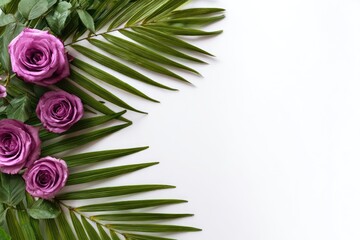 Purple roses and green palm fronds arranged on white background