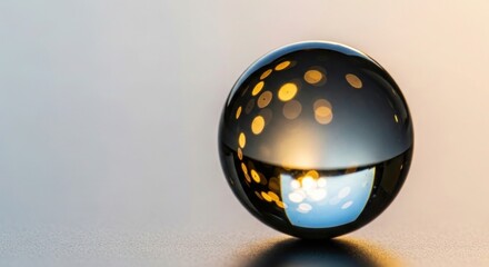 Glass Sphere Reflecting Golden Bokeh Lights on a Textured Surface