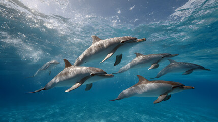 Fototapeta premium Dolphins swimming gracefully underwater in a clear, sunlit ocean.