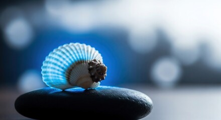 Radiant Seashell on Smooth Dark Stone, Tranquil Blue Bokeh Background