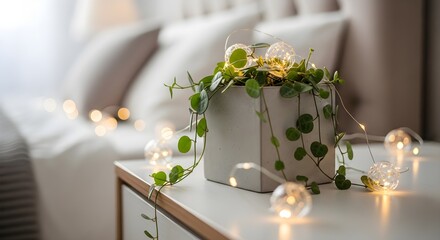 Cozy bedroom interior with a beautiful houseplant in a concrete pot, decorated with a warm glowing garland of fairy lights
