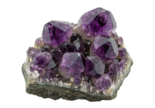 Amethyst crystal cluster isolated on transparent background, purple gemstone mineral specimen