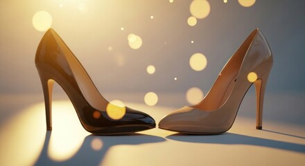 Stylish High heeled Pumps with Shimmering Golden Bokeh Background