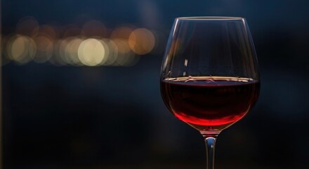 Elegant Red Wine Glass with Warm Bokeh Lights in a Dark Setting