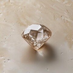 **The Quiet Brilliance of Champagne**: A large, **cushion-cut gemstone** in a luxurious **light brown or champagne hue** rests upon a soft, subtly marbled surface, highlighting its **complex facets** 