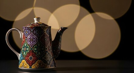 Ornately Patterned Porcelain Teapot with Golden Bokeh Lights in Dark Setting