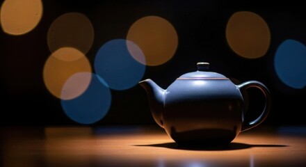 Still Life of a Ceramic Teapot with Warm and Cool Bokeh Lights