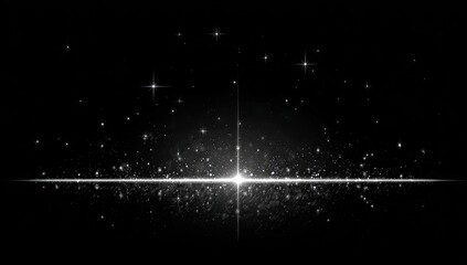 A starry, black-and-white image depicts a horizontal and vertical bright flare of light