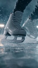 close-up of ice skates gliding smoothly on frozen rink, winter snow