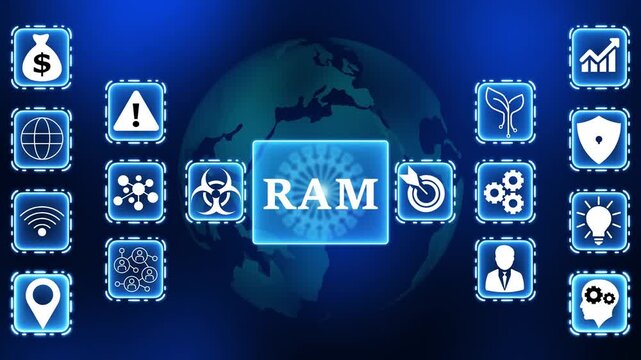 Digital network technology global connections data analysis business growth financial success innovation security and human resources concepts with R A M central theme on earth background