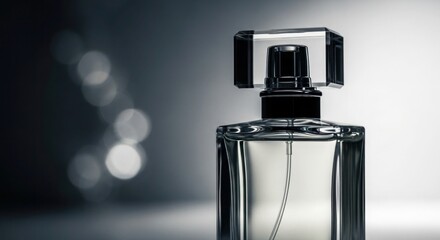 Elegant Clear Glass Perfume Bottle with Faceted Cap on Reflective Backdrop