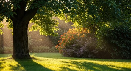 Serene garden at sunset with vibrant flower bed and lush tree canopy