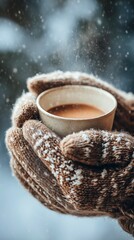  hands in woollen gloves holding a cup of hot cocoa, cosy winter atmosphere, blurred snowy background