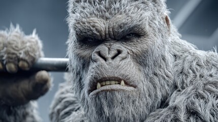 Portrait of a strong monkey or snowman athlete. Fitness gym theme.