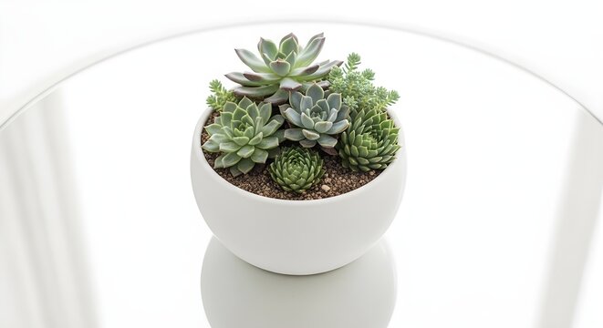 A chic and modern succulent terrarium in a round white pot, showcasing a variety of green plants for contemporary interior design - Powered by Adobe