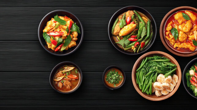 An array of Thai curries and vegetable dishes are presented in black and wooden bowls against a dark wooden background, creating an appealing culinary display.