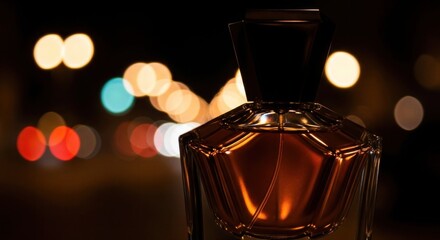 Luxurious Fragrance Bottle with Shimmering City Lights Bokeh