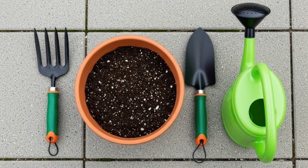 Gardening tools with soil in terracotta pot on concrete tiles