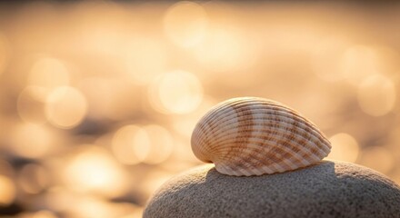 Beautiful Striped Seashell on a Grey Stone with Golden Bokeh Background