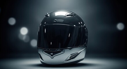 Sleek Motorcycle Helmet with Dark Visor and Bokeh Background