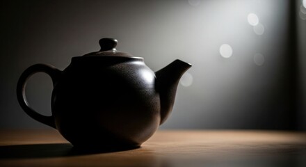 Elegant Dark Ceramic Teapot on Wooden Table with Bokeh Background