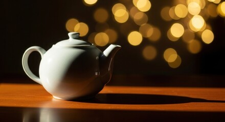 Elegant White Teapot Bathed in Light on Wood with Golden Bokeh