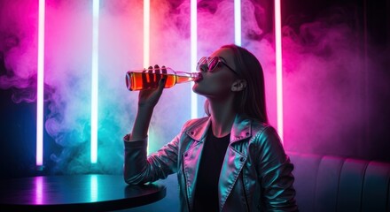 Young caucasian female enjoying a drink in vibrant neon bar scene