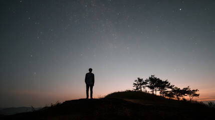 Man gazing at the starry night sky on a hilltop