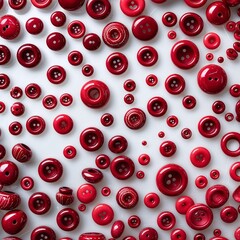 **A Ruby Red Mosaic of Fasteners**: Hundreds of **vibrant red buttons** in a delightful variety of shapes and sizes are **scattered across a clean white surface**, creating a **dynamic and richly text