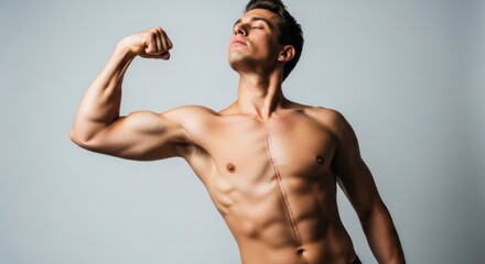 Confident young caucasian male flexing muscles with chest scar in studio
