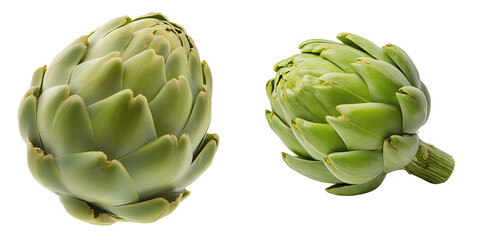 Obraz premium Fresh Artichokes Duo: Two vibrant, healthy artichokes, with their tightly layered petals and appealing green hues, pose against a pristine backdrop, symbolizing freshness and culinary possibilities.
