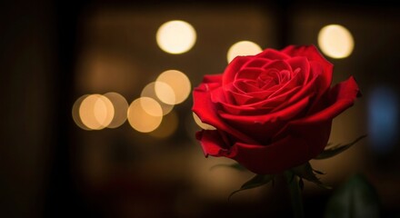 Vibrant Red Rose with Warm Bokeh Lights in a Romantic Setting