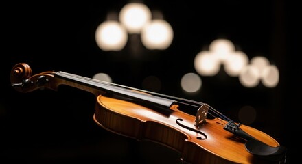 Elegant Wooden Violin with Bokeh Lights in a Dark Setting