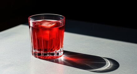 Glass of chilled red juice with ice cubes in sunlight on table