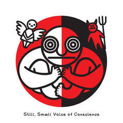 One person listens to Still, Small Voice of Conscience. Traditional  images of an angel and a demon symbolize big internal struggle between good and evil. Vector illustration.