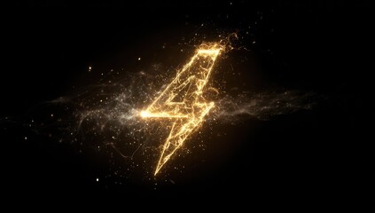 A glowing golden lightning bolt shatters into particles against a black background
