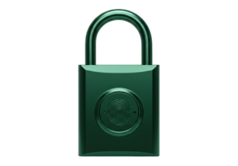 Green fingerprint padlock isolated on white, security device for personal safety and protection