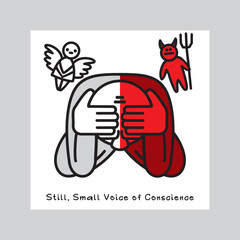 One person listens to Still, Small Voice of Conscience. Traditional  images of an angel and a demon symbolize big internal struggle between good and evil. Vector illustration.