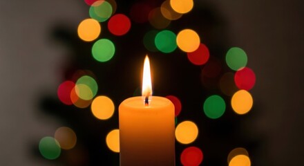 Warm Candle Flame and Colorful Bokeh Lights for Festive Ambiance