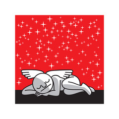 One sleeping angel and stars. A symbolic image of a sleeping conscience, concept of inactive internal moral compass. Vector illustration.