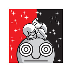 One sleeping angel and stars. A symbolic image of a sleeping conscience, concept of inactive internal moral compass. Vector illustration.