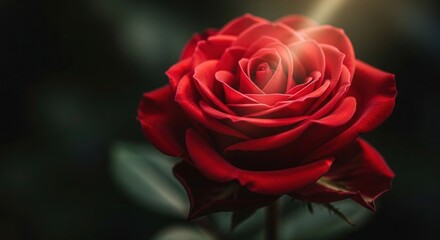 Close up of a Beautiful Red Rose Bathed in Gentle Light