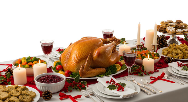 A festive Thanksgiving feast featuring a roasted turkey surrounded by various side dishes and decorations, creating a warm and inviting atmosphere.