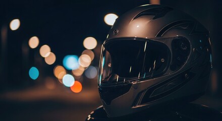 Modern Motorcycle Helmet with Bokeh City Lights in a Dark Night Scene