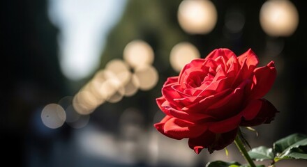 Elegant Red Rose Shines Brightly Against a Dreamy Bokeh Light Background