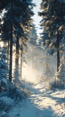 landscape snowy forest, tall pine and fir trees covered with snow, sun rays shining through branches, misty winter atmosphere, 