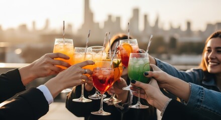 Diverse group of friends toasting colorful drinks on rooftop at sunset