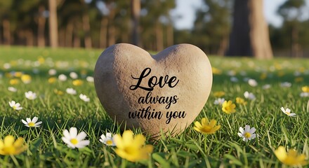Heart shaped stone with the inscription love always within you on a green meadow with flowers